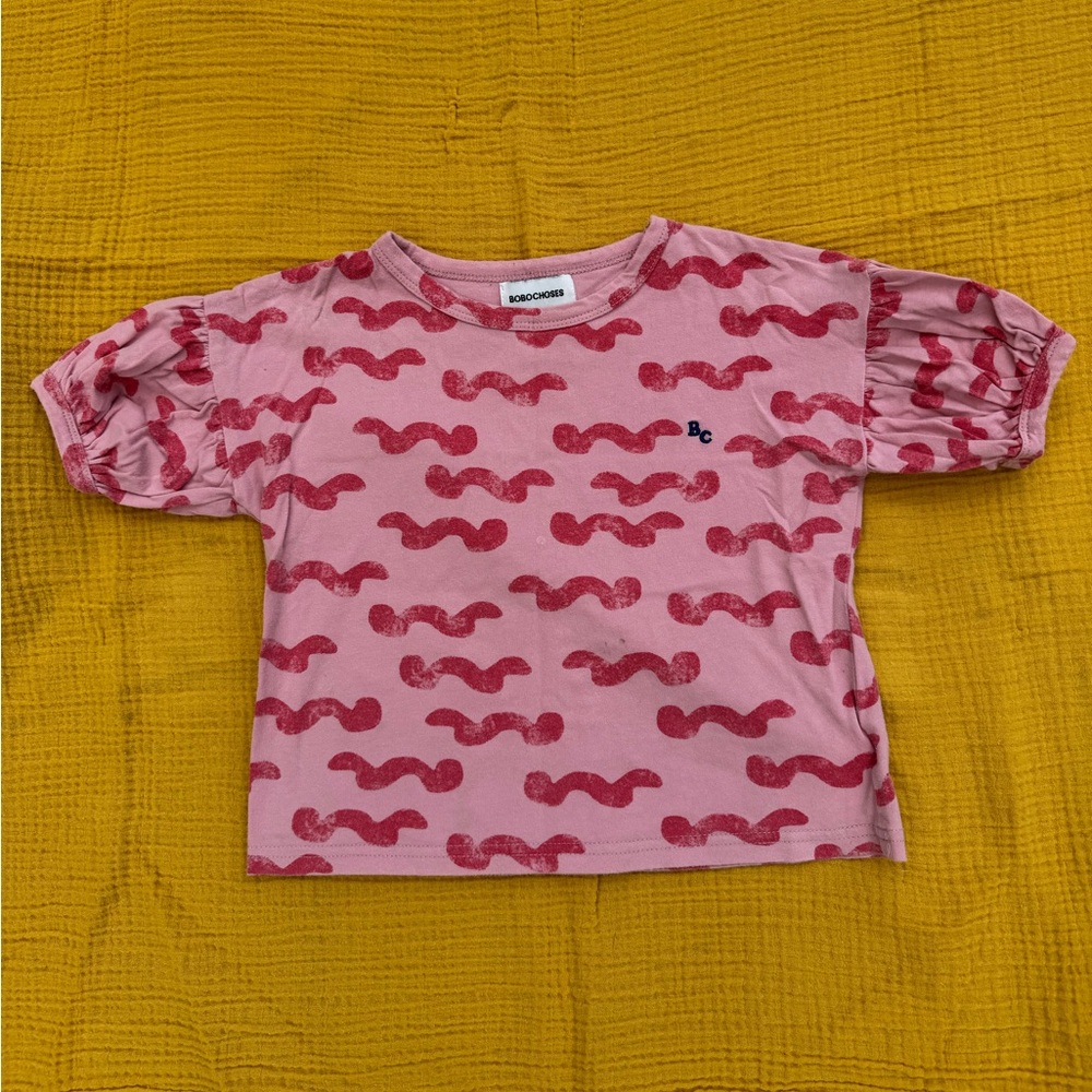 Bobo Choses Wavy Pink Puff Sleeve Tee 2/3T